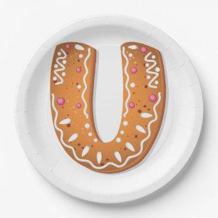 Gingerbread Letter U Monogram Holiday Cookie Paper Plates