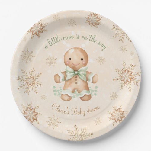 Gingerbread Little Man Green Christmas Baby Shower Paper Plates