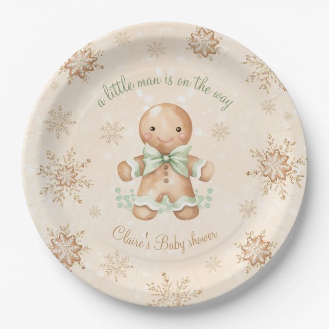 Gingerbread Little Man Green Christmas Baby Shower Paper Plates (Front)