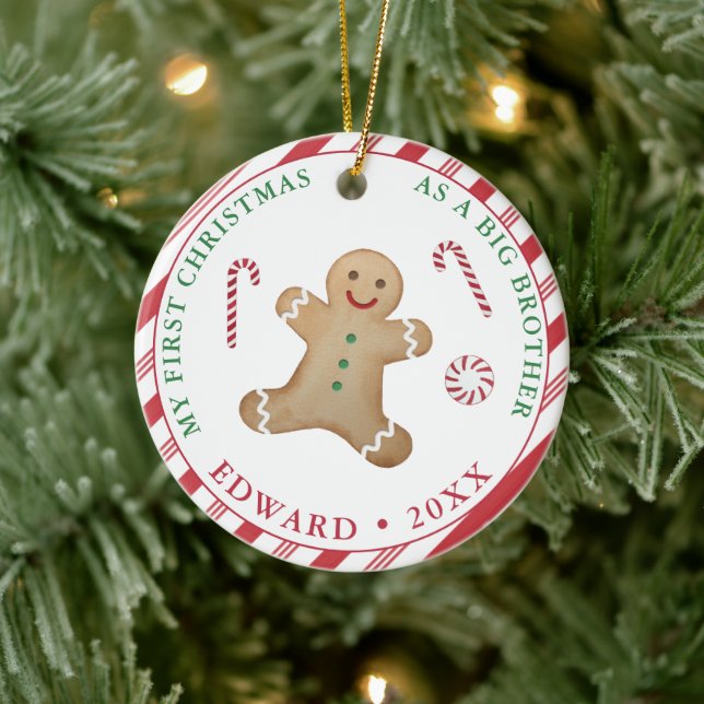 Gingerbread Man 1st Christmas As A Big Brother Ceramic Ornament (Tree)