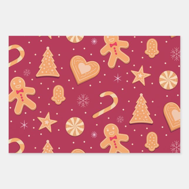 Gingerbread man and Christmas cookies pattern Wrapping Paper Sheets (Front)
