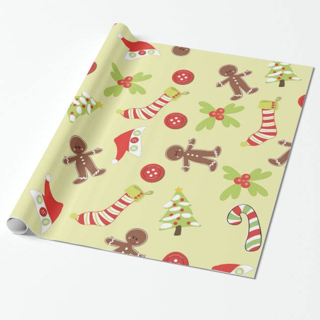 Gingerbread Man and Christmas Stockings Wrapping Paper (Unrolled)