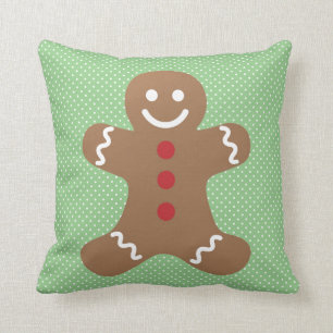 Gingerbread Man and Green Polka Dot Throw Pillow