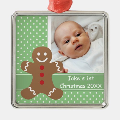 Gingerbread Man and Polka Dots Custom Photo Metal Ornament