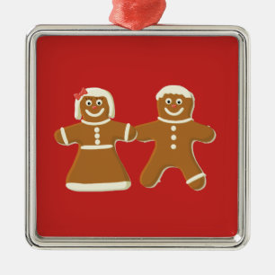 Gingerbread Man and Woman on Red Metal Ornament