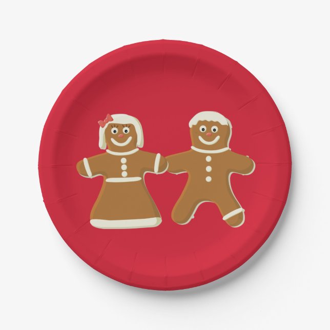 Gingerbread Man and Woman on Red Paper Plates (Front)