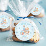 Gingerbread Man Blue Christmas Boy Baby Shower Classic Round Sticker<br><div class="desc">A little man is on the way! Christmas boy baby shower stickers,  favor labels,  with an adorable gingerbread man,  Christmas tree,  gift and snowflakes all in blue and beige. Easily personalize the text. - Kate Eden Art</div>