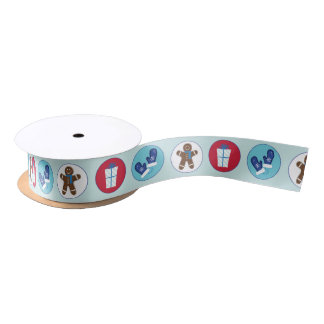 Gingerbread Man Blue Circles Christmas and Holiday Satin Ribbon