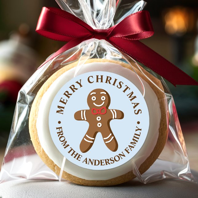 Gingerbread Man Blue Merry Christmas Classic Round Sticker (Creator Uploaded)