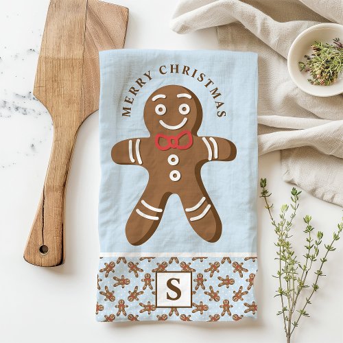 Gingerbread Man Blue Monogram Merry Christmas Kitchen Towel