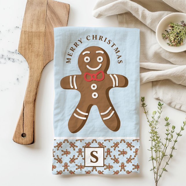 Gingerbread Man Blue Monogram Merry Christmas Kitchen Towel (Creator Uploaded)
