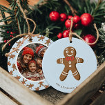 Gingerbread Man Blue Polka Dot Christmas Photo Ceramic Ornament<br><div class="desc">Celebrate the holidays with this adorable Gingerbread Man Blue Polka Dot Christmas Photo Ceramic Ornament. Featuring a cute gingerbread man design with a customizable photo on the back, this ornament is perfect for adding a touch of festive charm to your tree. Personalize it with your family name and favorite photo...</div>