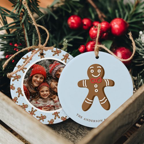 Gingerbread Man Blue Polka Dot Christmas Photo Ceramic Ornament