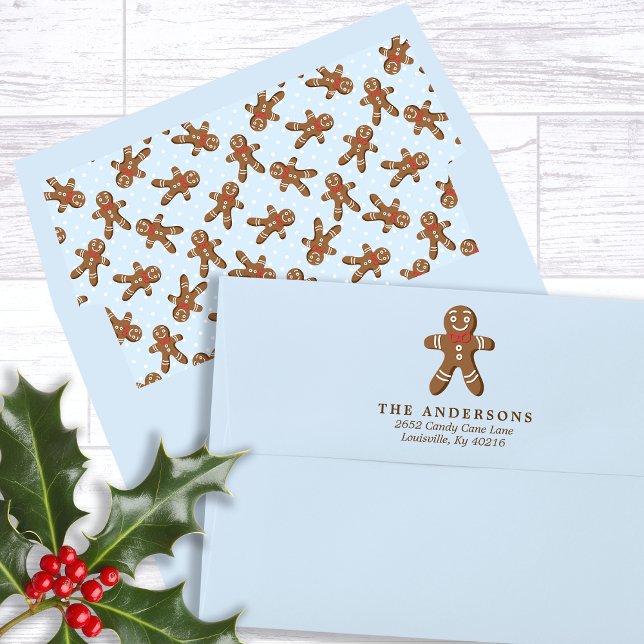 Gingerbread Man Blue Return Address Christmas Envelope (Creator Uploaded)