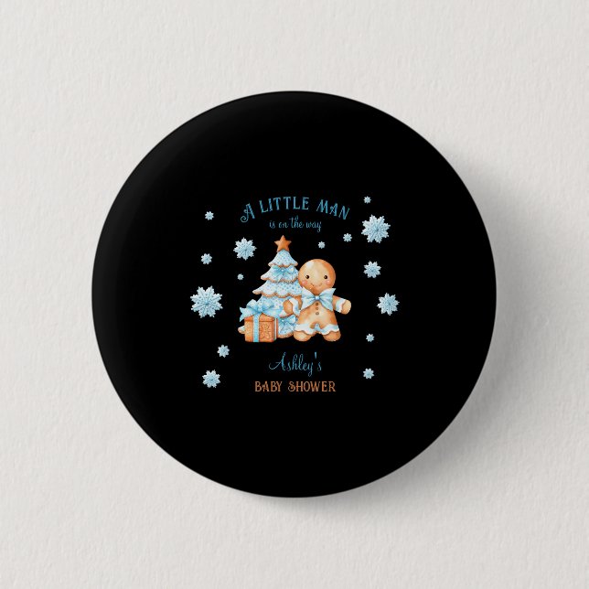 Gingerbread Man Boy Blue Christmas Baby Shower  Button (Front)