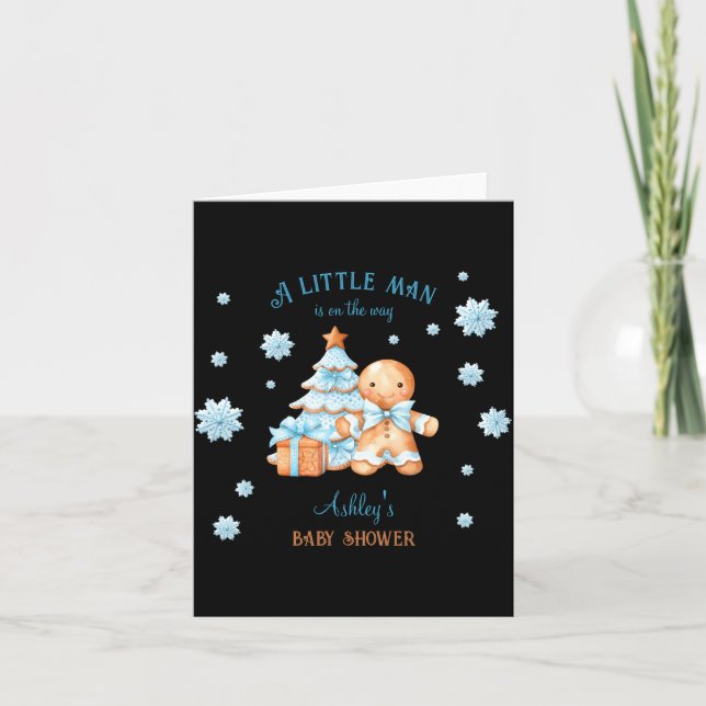 Gingerbread Man Boy Blue Christmas Baby Shower  Card (Front)