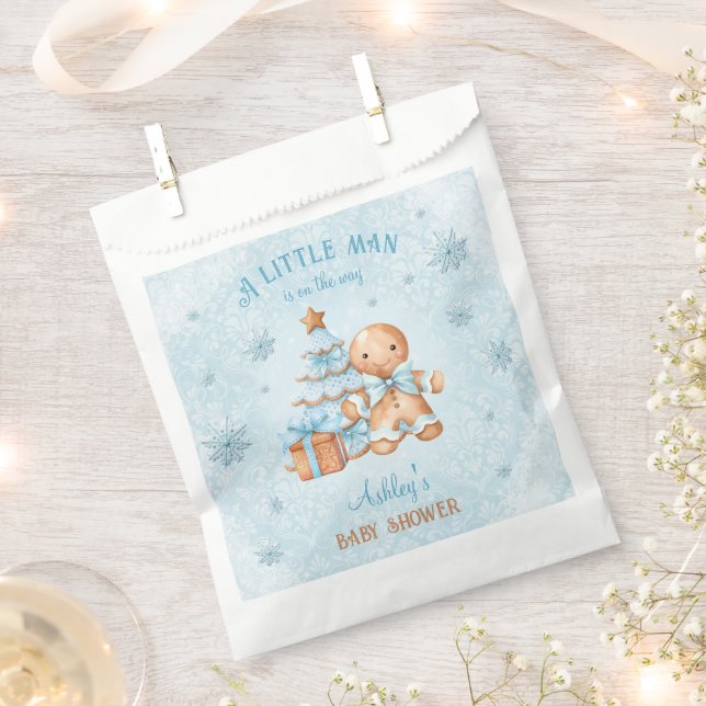 Gingerbread Man Boy Blue Christmas Baby Shower Favor Bag (Clipped)