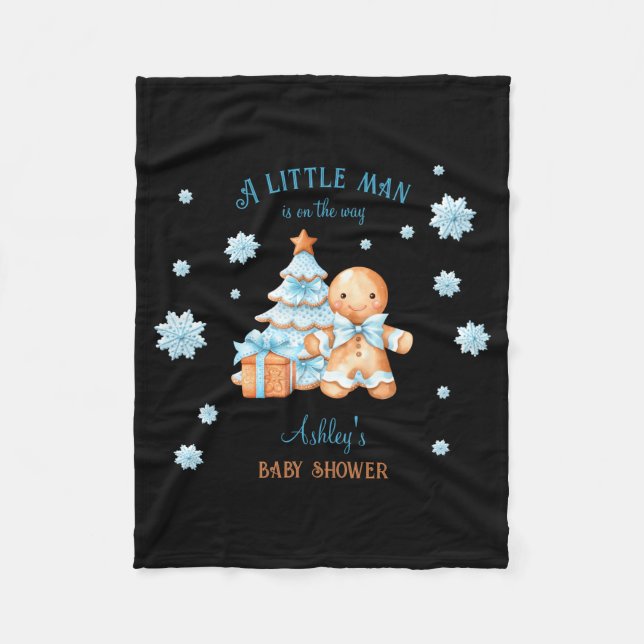 Gingerbread Man Boy Blue Christmas Baby Shower  Fleece Blanket (Front)