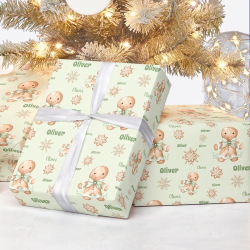 Gingerbread Man Boy Name Green Christmas Wrapping Paper