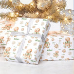 Gingerbread Man Boy Name Text Christmas Wrapping Paper<br><div class="desc">Cute Christmas paper in white beige and green with a cute gingerbread man,  gingerbread cookies and faux golden little snowflakes. Easily personalize the name - Kate Eden Art</div>