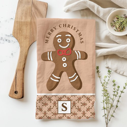 Gingerbread Man Brown Monogram Merry Christmas Kitchen Towel