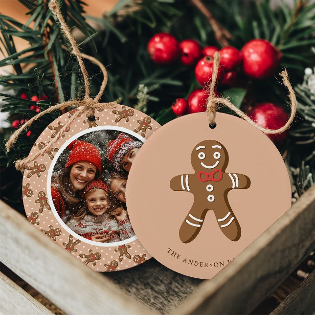 Gingerbread Man Brown Polka Dot Christmas Photo Ceramic Ornament (Creator Uploaded)