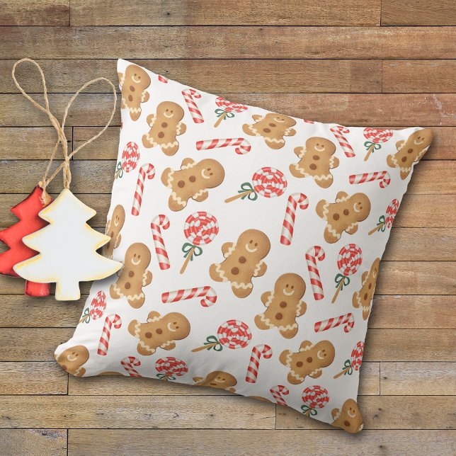 Gingerbread Man Candy Cane Lollipop Pattern Throw Pillow (Creator Uploaded)