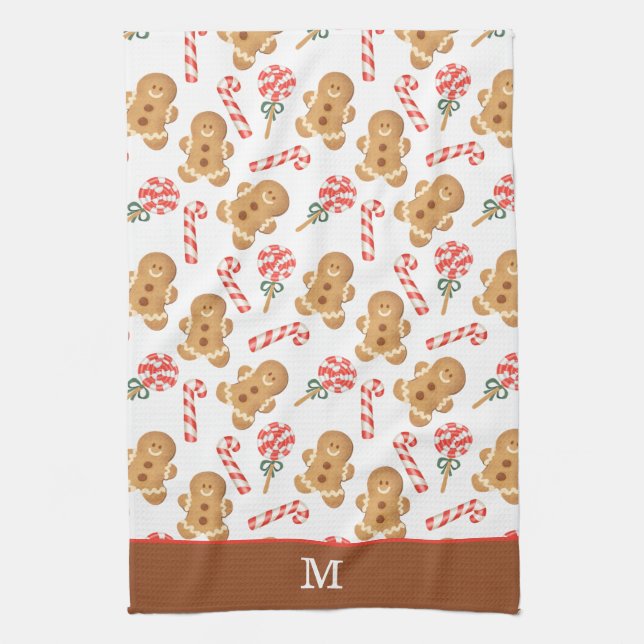 Gingerbread Man Candy Cane Monogram Christmas Kitchen Towel (Vertical)