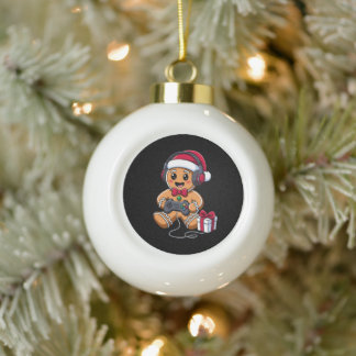 Gingerbread Man Christmas Gamer Headphones Gift Ceramic Ball Christmas Ornament