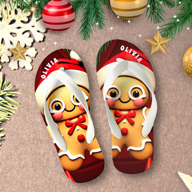Gingerbread Man Christmas Personalized Kid's Flip Flops (Creator Uploaded)