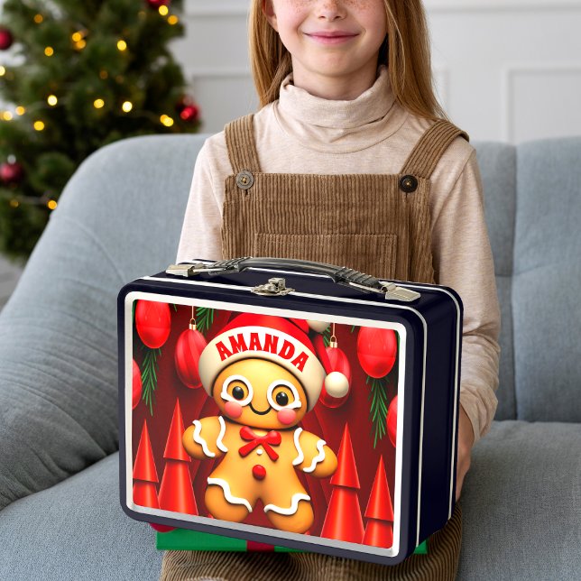 Gingerbread Man Christmas Personalized Kids Metal Lunch Box (Creator Uploaded)