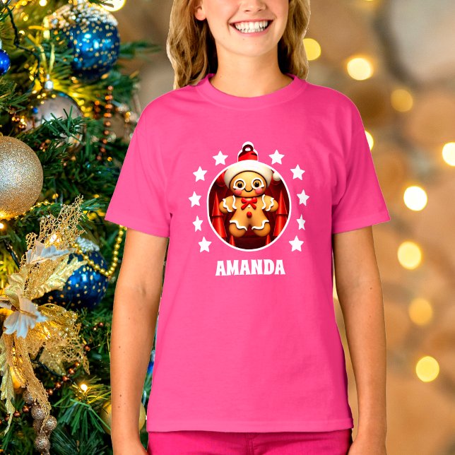 Gingerbread Man Christmas Personalized Kids Pink T-Shirt (Creator Uploaded)