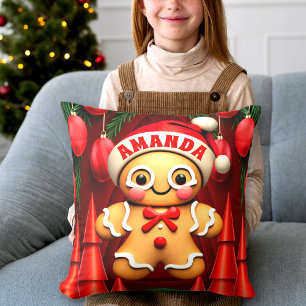 Gingerbread Man Christmas Personalized Kids Throw Pillow