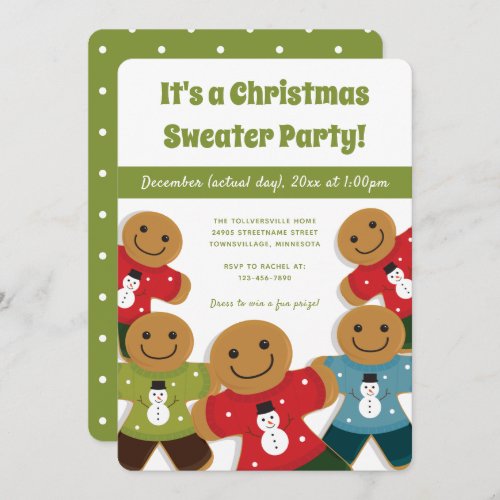Gingerbread Man Christmas Sweater Party Green Invitation