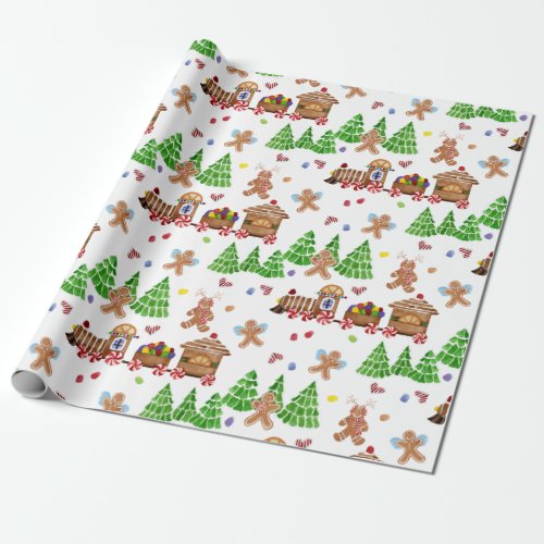Gingerbread Man Christmas Train Tree Watercolor Wrapping Paper