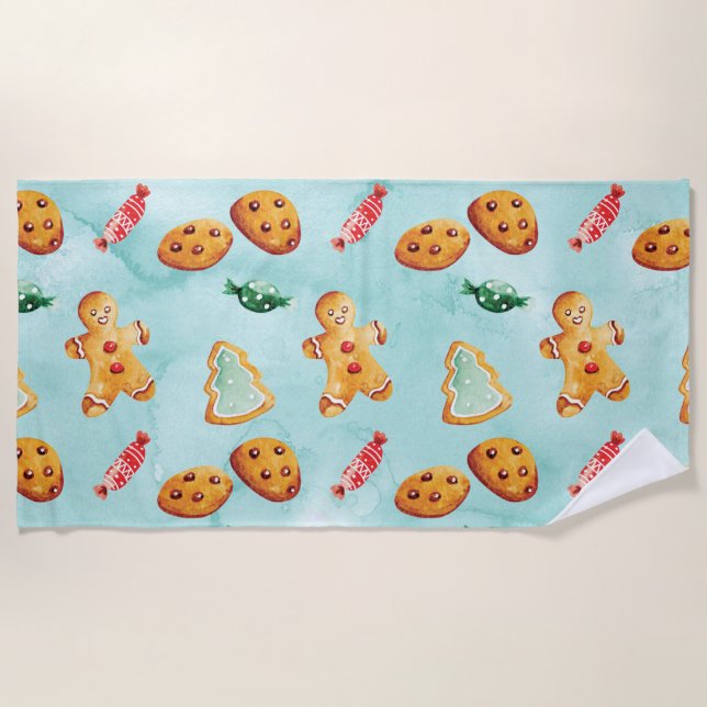 Gingerbread Man Christmas Tree Pattern Beach Towel (Front)