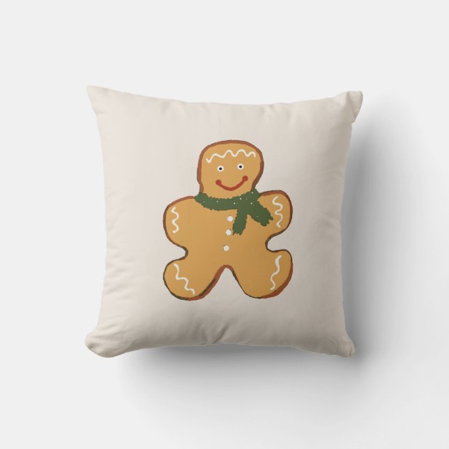 Gingerbread Man Cookie Illustration Holiday Throw Pillow (Front)