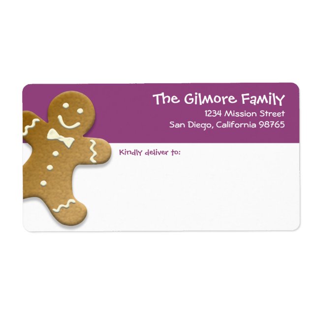 Gingerbread man cookie purple fun holiday shipping label (Front)
