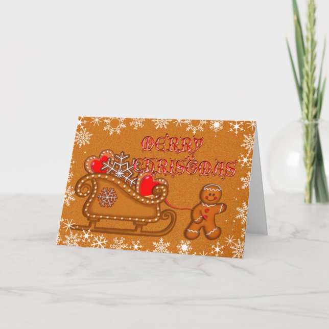 GINGERBREAD MAN, COOKIE & SLEIGH by SHARON SHARPE Holiday Card (Front)