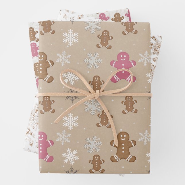 Gingerbread Man Cookie Snowflake Holiday Bake Pink Wrapping Paper Sheets (In situ)