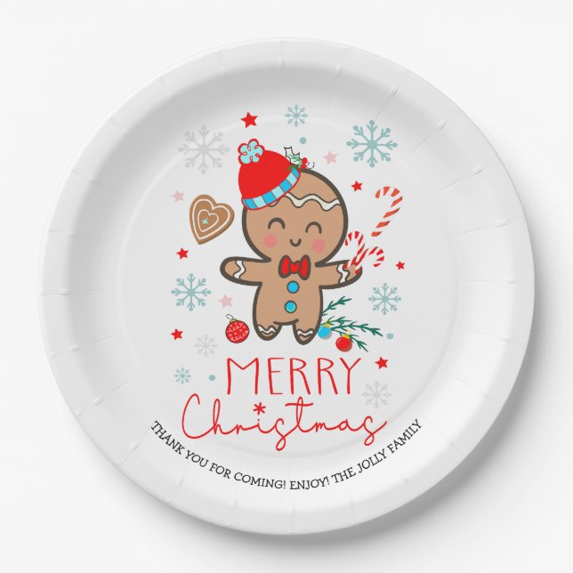 Gingerbread Man Cookie Snowflakes Merry Christmas  Paper Plates (Front)