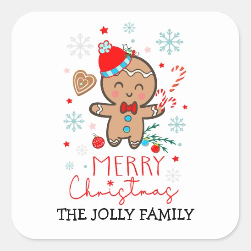 Gingerbread Man Cookie Snowflakes Merry Christmas  Square Sticker