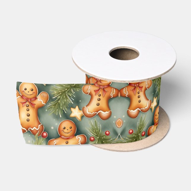Gingerbread man cookies and stars watercolor art  satin ribbon (Spool)