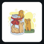 Gingerbread man cookies in jar square sticker<br><div class="desc">Adorable design featuring gingerbread man cookies escaping from a jar.</div>