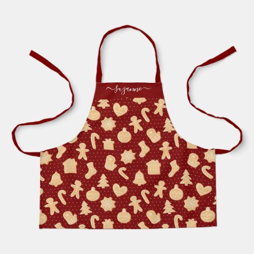 Gingerbread Man Cookies on Red White Dots Pattern Apron