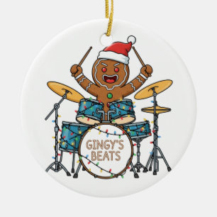 Gingerbread Man Drummer Funny Holiday Rock Xmas Ceramic Ornament