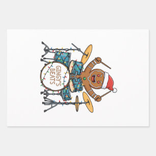 Gingerbread Man Drummer Funny Holiday Rock Xmas Wrapping Paper Sheets