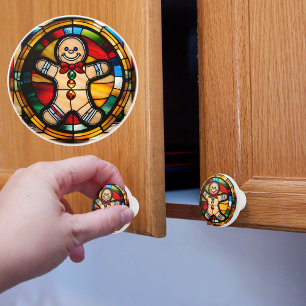 Gingerbread Man Faux Stained Glass  Ceramic Knob