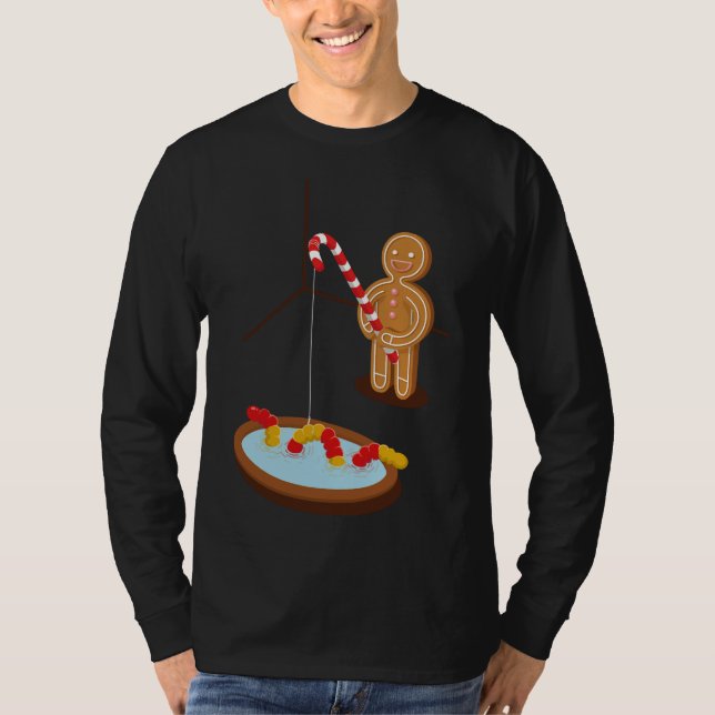 Gingerbread Man Fishing With A Gummy Worm T-Shirt (Front)