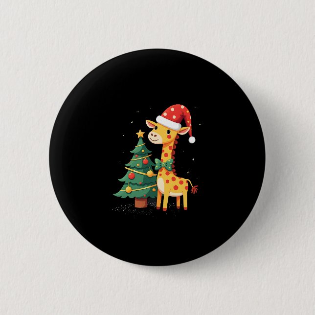 Gingerbread Man Giraffe Santa Hat Christmas Tree T Button (Front)